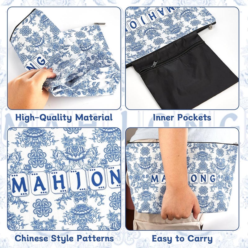 Bornerwhite Empty Mahjong Tiles Bag with Zippered 13x7.8 Inch Thickened Blue Print American Bag for 1.2 Inches Standard Size American Mahjong Tiles Accessories and Gifts(Case Only) - Image 3